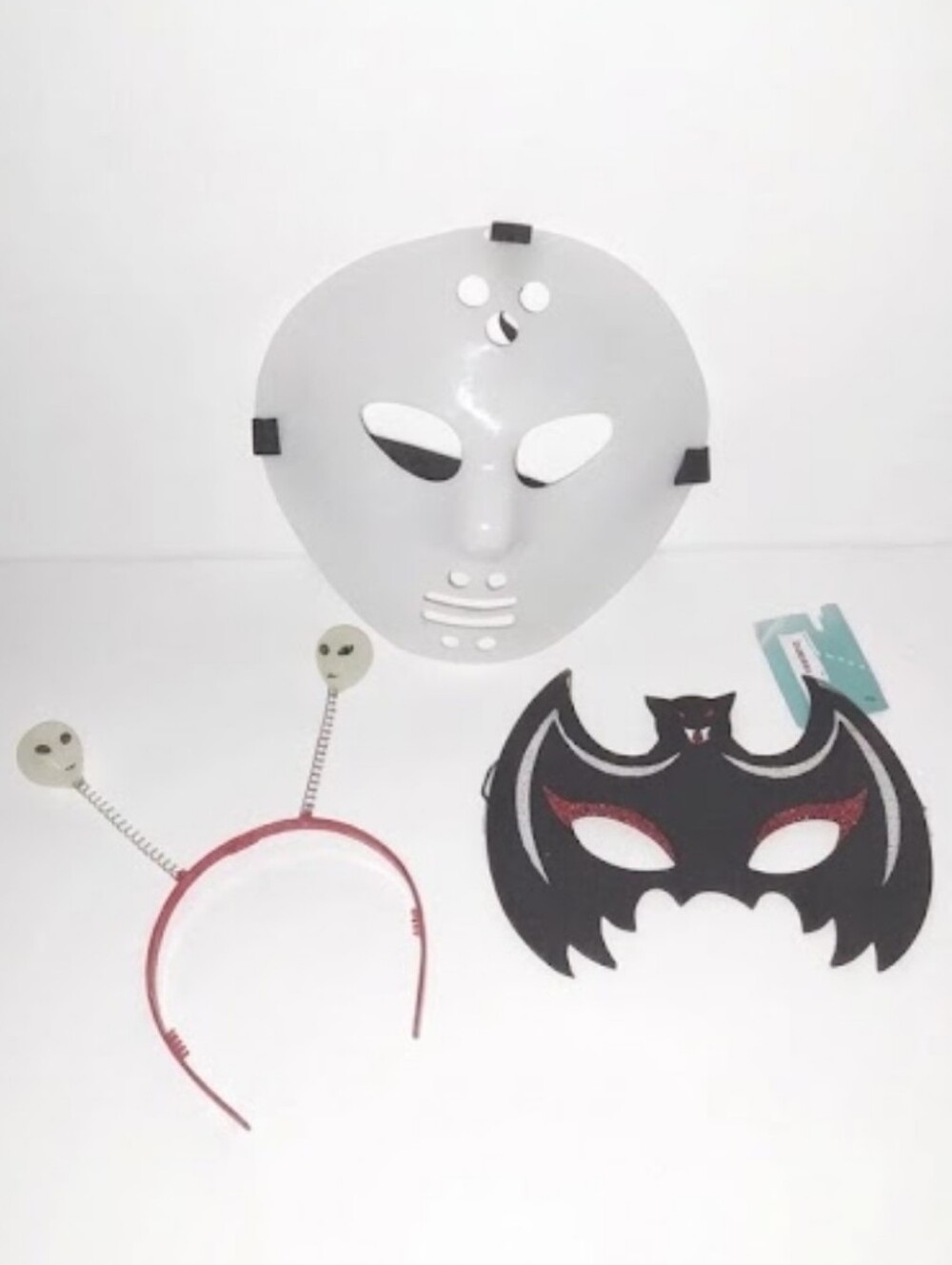 3 Halloween Costume Accessory Lot Jason Hockey Mask, Bat Eye Mask, Alien Boppers